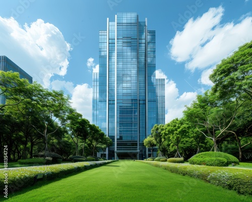 Modern Business Building with Green Landscaping, Wide Scene of a Tall Office Tower in a Vibrant Urban Environment, Featuring a Lush Park and Blue Sky, Perfect for Commercial Real Estate