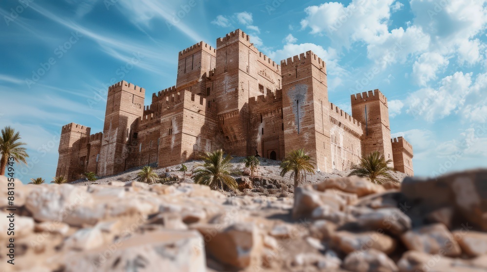 Panoramic View of an Ancient Stone Castle with Majestic Towers, a Historic Architectural Marvel, Set Against a Clear Blue Sky and Palm Trees, Offering a Full Vista of its Grandeur Panoramic View of an Ancient Stone Castle with Majestic Towers, a Historic Architectural Marvel, Set Against a Clear Blue Sky and Palm Trees, Offering a Full Vista of its Grandeur