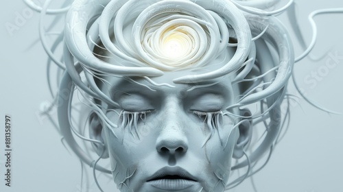 Surreal digital artwork of a futuristic face with elaborate white headpiece and glowing light on forehead, representing an ethereal vision.