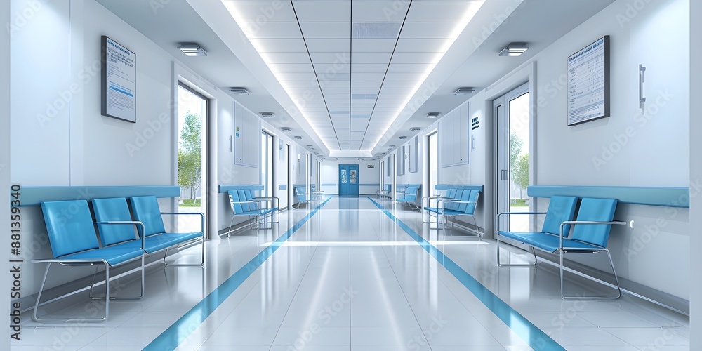 Hospital bright corridor with rooms and blue seats 3D rendering Hospital bright corridor with rooms and blue seats 3D rendering