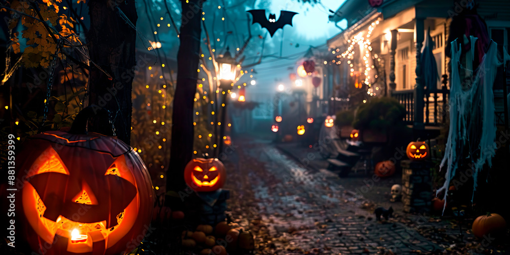 Obraz premium A street with pumpkins and Halloween decorations. Scene is spooky and festive