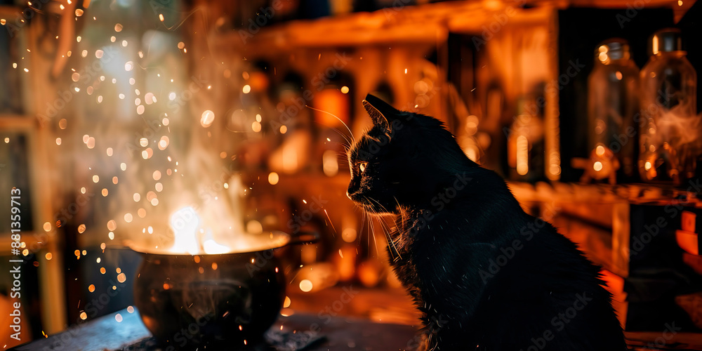 A black cat is sitting in front of a cauldron with smoke coming out of it. The scene has a spooky and mysterious atmosphere A black cat is sitting in front of a cauldron with smoke coming out of it. The scene has a spooky and mysterious atmosphere