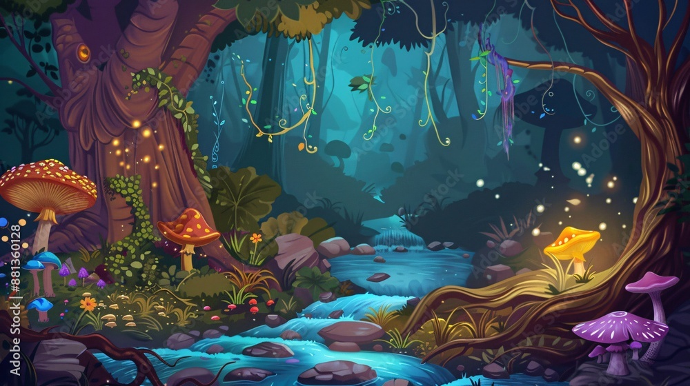 Obraz premium Enchanted Forest Stream with Glowing Mushrooms