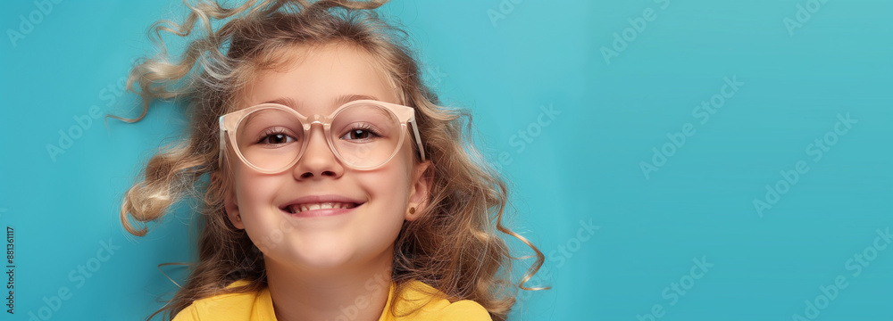 Happy little curly blond girl with big eyeglasses. Isolated on solid blue background Happy little curly blond girl with big eyeglasses. Isolated on solid blue background