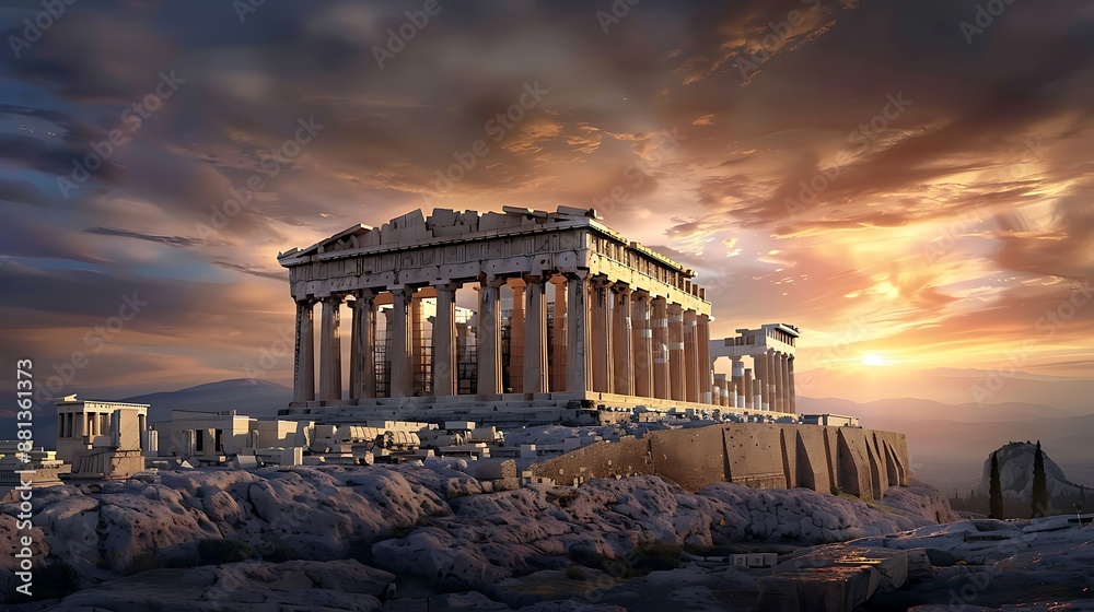 Obraz premium A golden sunset over the Acropolis of Athens, detailed Parthenon ruins, high-detail digital art, elevated view, warm lighting, photorealistic style