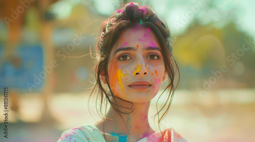 Hipster south asian indian female model playing holi. photo