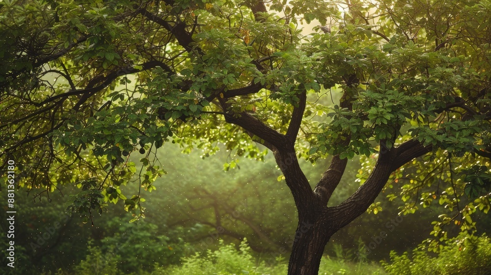 Fototapeta premium A tree abundant in branches and fresh foliage during the morning