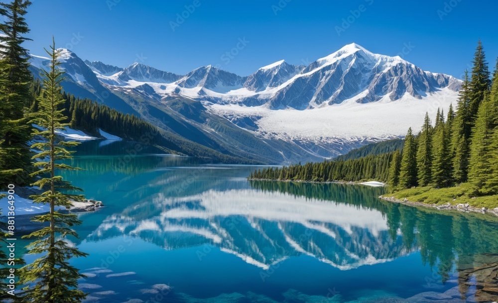Majestic Glacier Lake with Snow-Capped Mountain Majestic Glacier Lake with Snow-Capped Mountain
