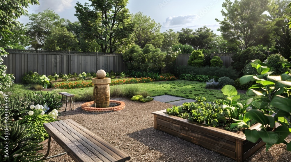Relaxing Garden with Stone Fountain and Raised Planter. Relaxing Garden with Stone Fountain and Raised Planter.
