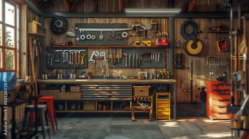 Obraz premium Well-Equipped Workshop with Tools and Storage.