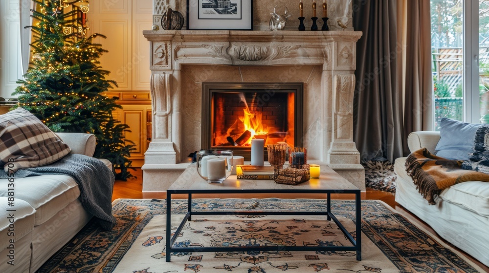 Cozy Living Room with Fireplace, Christmas Tree, and Decor. Cozy Living Room with Fireplace, Christmas Tree, and Decor.