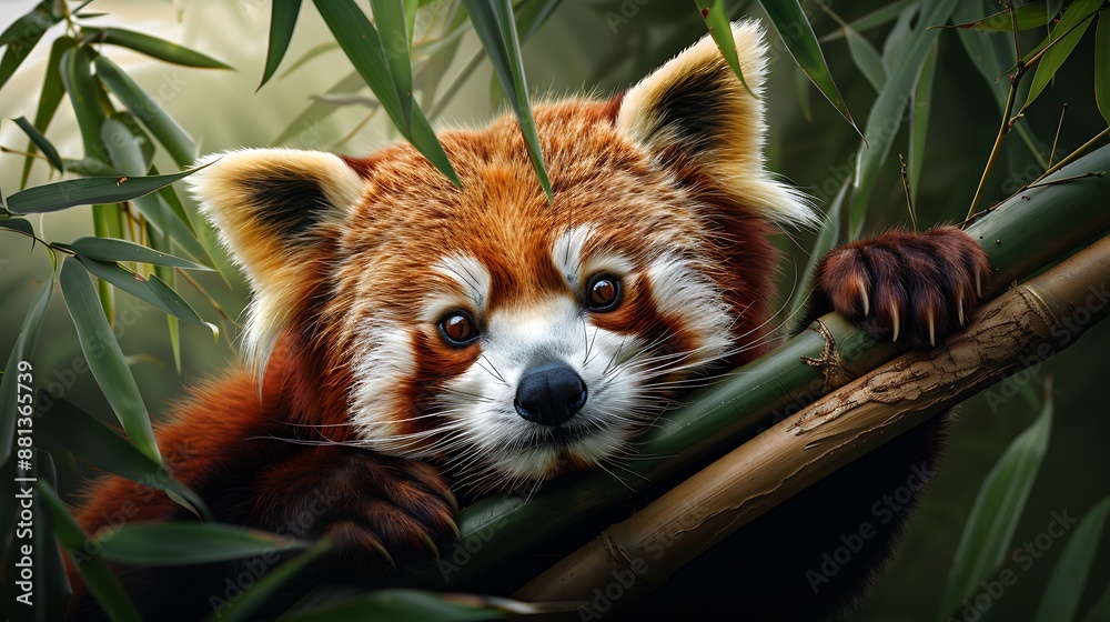 A serene forest scene with a rare red panda climbing bamboo, soft morning light, intricate details, mid-range shot, vivid colors, realistic digital painting A serene forest scene with a rare red panda climbing bamboo, soft morning light, intricate details, mid-range shot, vivid colors, realistic digital painting