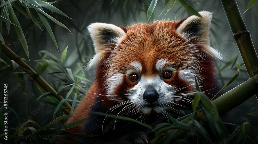 Fototapeta premium A serene forest scene with a rare red panda climbing bamboo, soft morning light, intricate details, mid-range shot, vivid colors, realistic digital painting