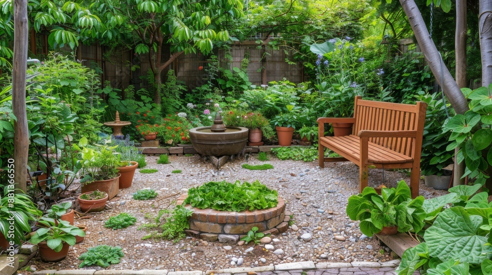 Tranquil Garden Oasis with Stone Fountain and Wooden Bench. Tranquil Garden Oasis with Stone Fountain and Wooden Bench.