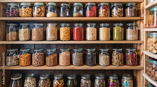 Glass jars filled with various ingredients on a wooden shelf.