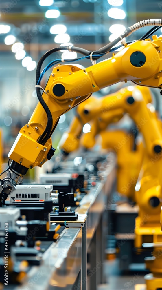 Precision Robot Arms on Fully Assembly Line Inside Modern Electronics Factory