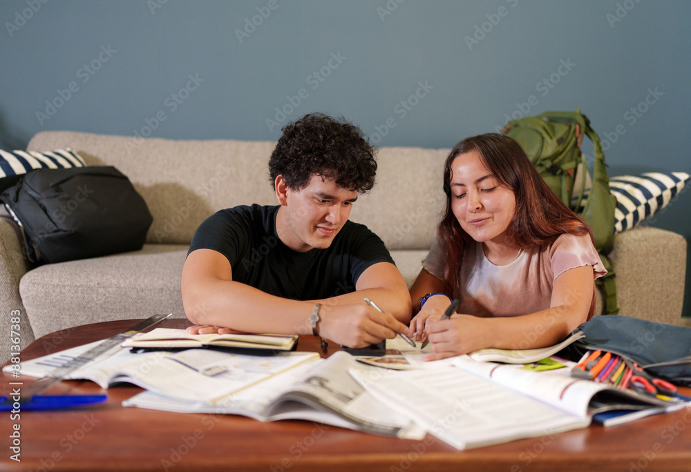 Fototapeta premium Pareja de jóvenes realizando un trabajo escolar