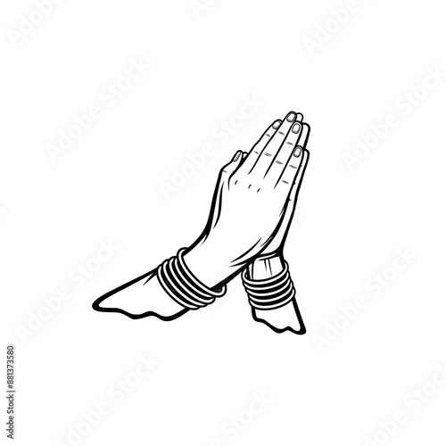 Hands together in a namaste gesture wearing a black and white bracelet vector illustration