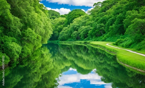 Serene River with Lush Green Reflections © N.Coleman