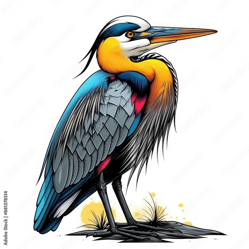 Fototapeta premium Colorful cute heron, vector, white, colorful, detailed, graffiti, portrait sitting on the ground, cartoon, fantasy, shirt, icon, detailed