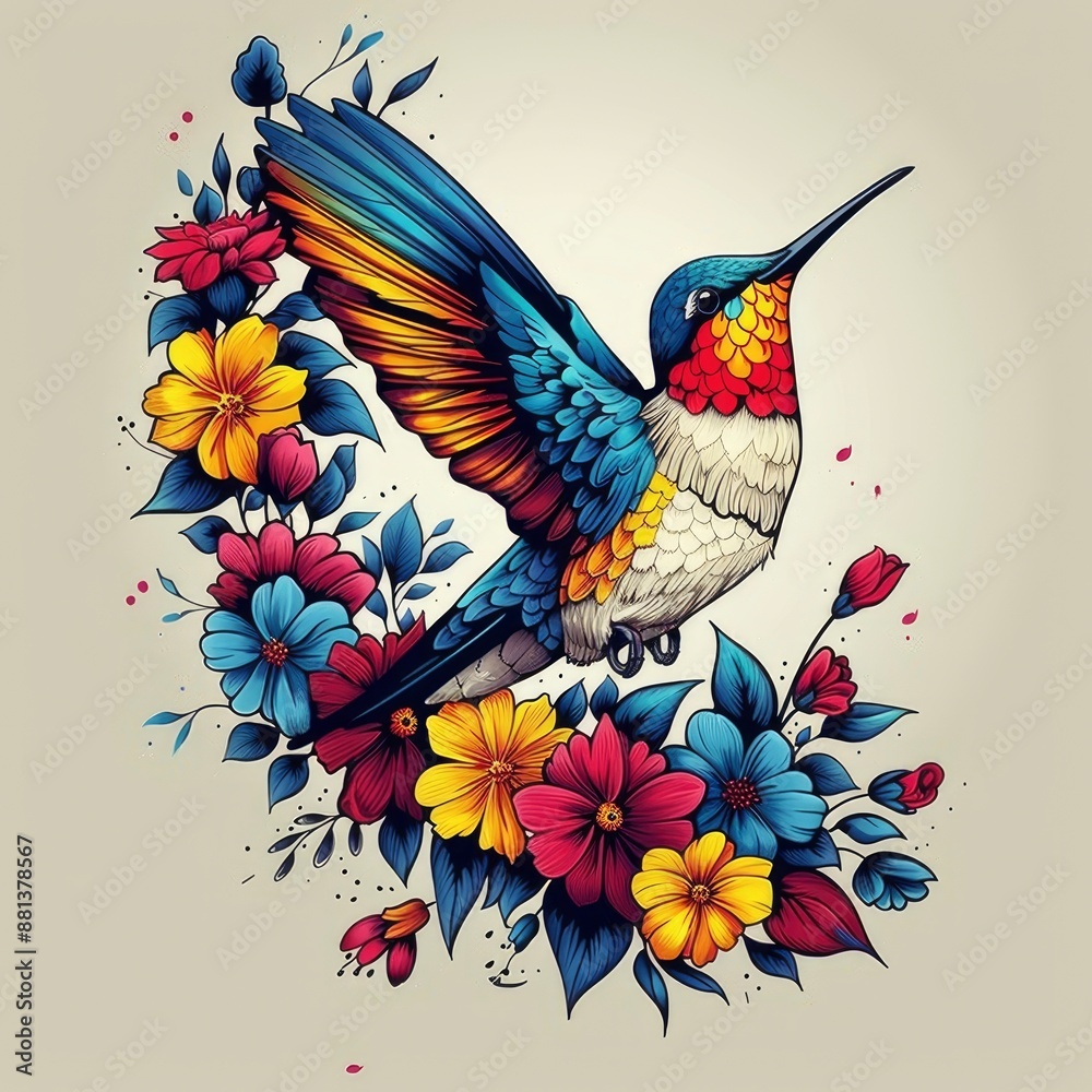 Obraz premium Colorful cute hummingbird, vector, white, colorful, detailed, graffiti, portrait sitting on the ground, cartoon, fantasy, shirt, icon, detailed