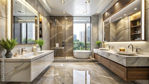 Modern bathroom with sleek design and marble accents, modern, bathroom, sleek, design, marble, accents, luxury, contemporary