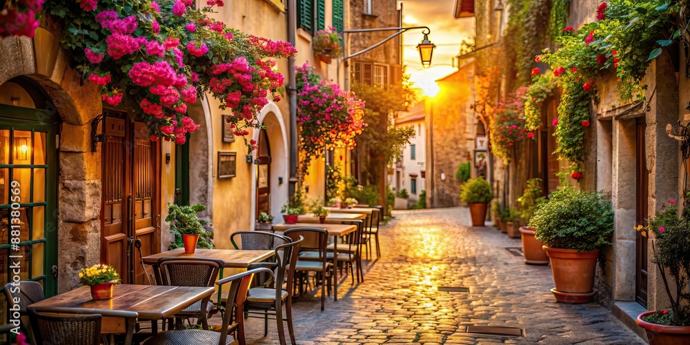 Romantic view of a bar on a flowery Italian alley, with a sunset light beam, romantic, vista, bar, alley, Italian, flowers Romantic view of a bar on a flowery Italian alley, with a sunset light beam, romantic, vista, bar, alley, Italian, flowers