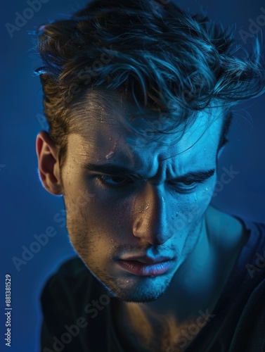 A close-up shot of a man's face illuminated by a blue light, suitable for use in technology or futuristic themed designs