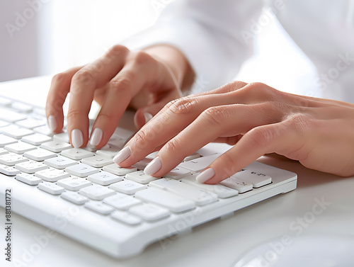 Cropped shot of woman's hands typing on white computer keyboard.