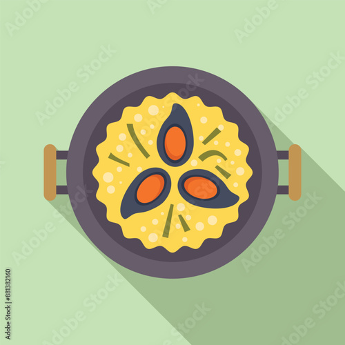 Traditional spanish paella cooking in a pan, featuring fresh mussels and aromatic green onions