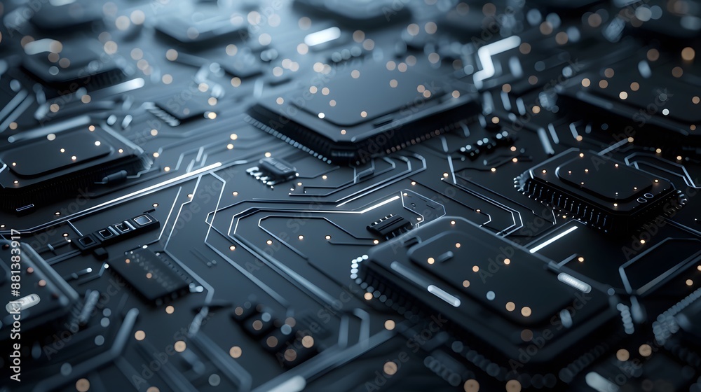 Close-up of black electronic circuit board with microchips, high-tech, futuristic technology, detailed components, dark tone, motherboard, innovation, digital background Close-up of black electronic circuit board with microchips, high-tech, futuristic technology, detailed components, dark tone, motherboard, innovation, digital background