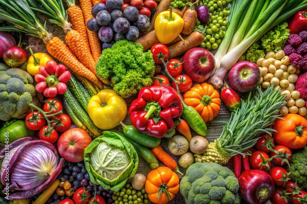 A Vibrant Display of Fresh Fruits and Vegetables. Generative AI A Vibrant Display of Fresh Fruits and Vegetables. Generative AI
