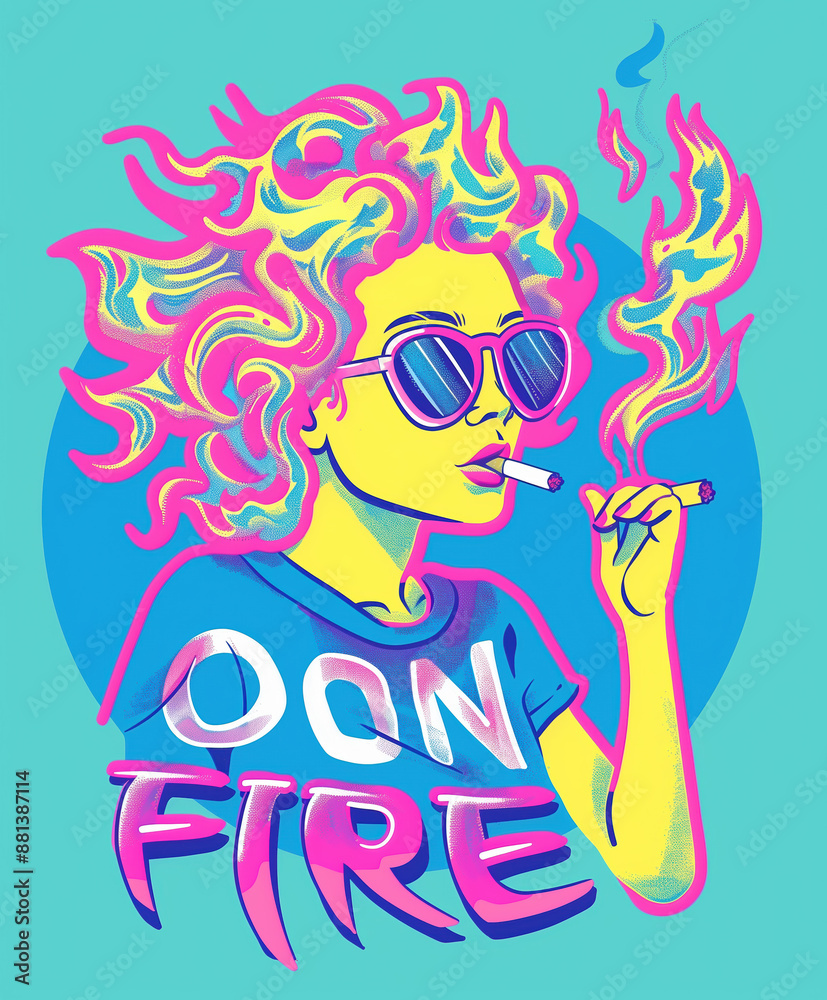 Minimalist Cartoon with Smoking Pink Woman, Flame Head - Vector Illustration in Vintage Poster Style Minimalist Cartoon with Smoking Pink Woman, Flame Head - Vector Illustration in Vintage Poster Style
