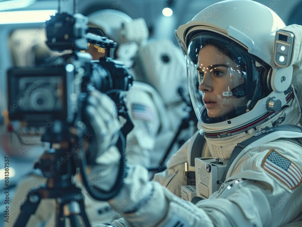 Astronaut with camera in space suit standing, possibly taking pictures, Astronaut with camera in space suit standing, possibly taking pictures,