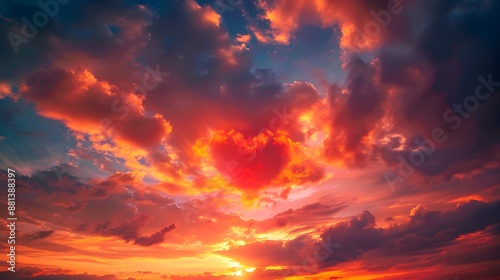 Red heart shaped sky at sunset. Beautiful love background