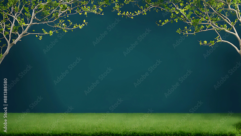 Obraz premium a big green leafy tree with color isolate background , tree branches on a green lawn ,a serene and picturesque scene
