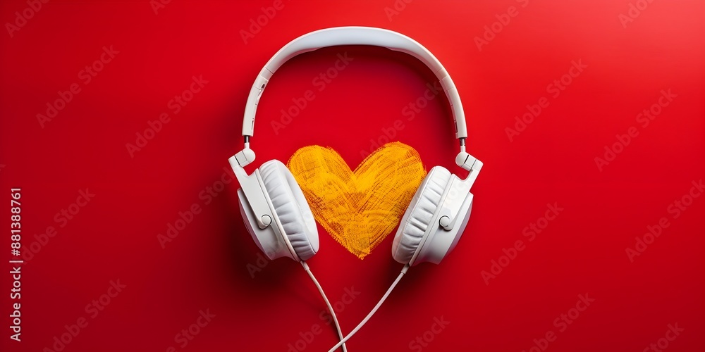 White headphones with yellow heart shape on red background, top view. Love music concept, Valentine