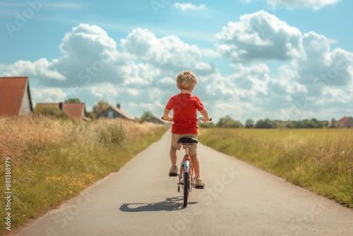 boy with short blond hair in a red shirt and shorts, riding a bicycle on a country road, sunny day. © InfiniteStudio