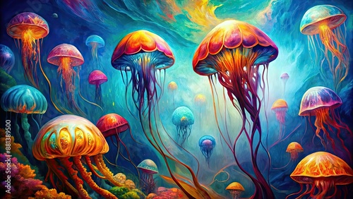 Colorful oil painting featuring cubism-style jellyfish in a creative composition, oil painting, cubism