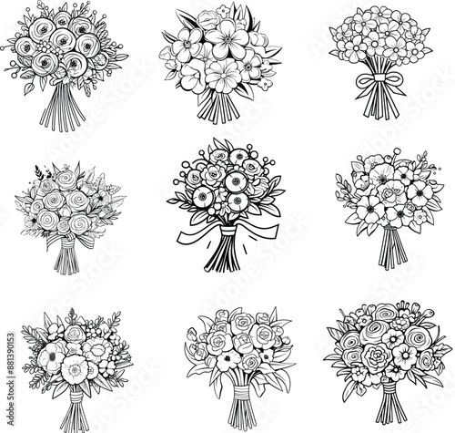 wedding flower bouquets vector illustration set 