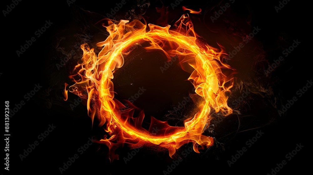 Fototapeta premium Circle of Fire flame with movment on black background, Beautiful yellow, orange and red and red blaze fire flame texture style
