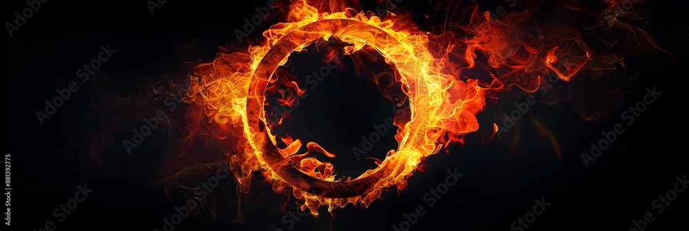 Fototapeta premium Circle of Fire flame with movment on black background, Beautiful yellow, orange and red and red blaze fire flame texture style