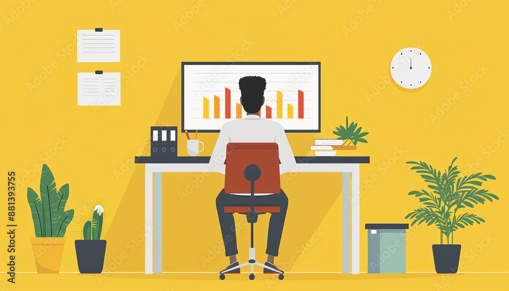Fototapeta premium Man working at computer in a home office with graphs on screen, plants and clock on yellow wall, productivity concept.