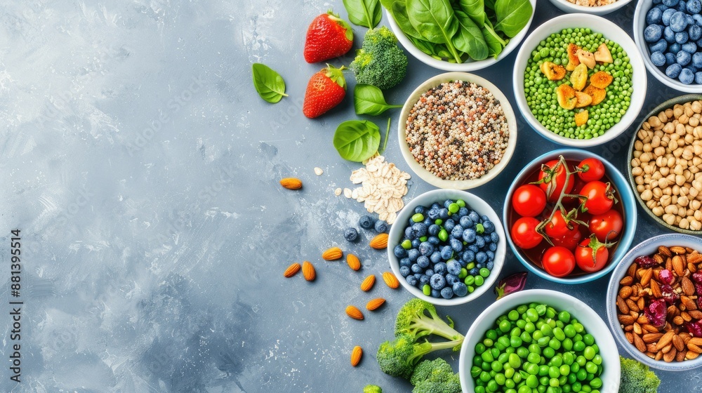 Assorted fresh vegetables, fruits, grains, and nuts in bowls on a textured surface. Colorful and healthy food ingredients for a nutritious diet. Assorted fresh vegetables, fruits, grains, and nuts in bowls on a textured surface. Colorful and healthy food ingredients for a nutritious diet.