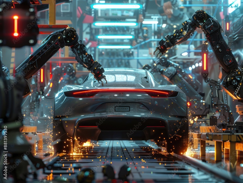 Futuristic Car Assembly Line with Robotic Arms Futuristic Car Assembly Line with Robotic Arms
