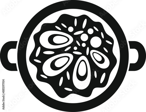 Black silhouette of a paella pan with seafood and rice, minimalist design