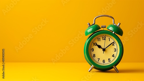 Retro alarm clock in green on a yellow background