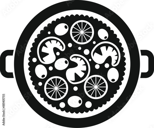 Black and white icon of a paella pan containing paella cooking with mushrooms and olives