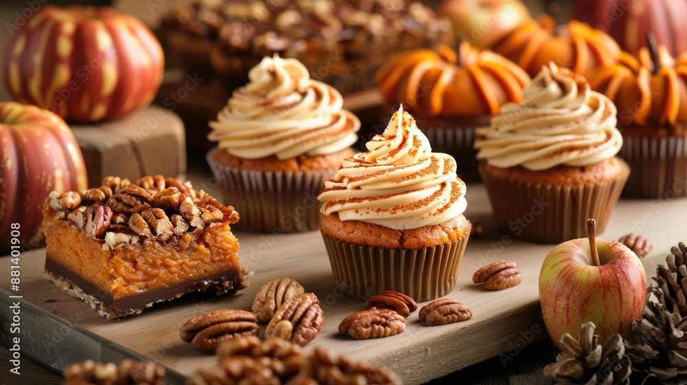 Autumn cupcakes with creamy frosting, pecans, and pumpkins. Seasonal desserts perfect for fall celebrations. Cozy, delicious treats. Autumn cupcakes with creamy frosting, pecans, and pumpkins. Seasonal desserts perfect for fall celebrations. Cozy, delicious treats.