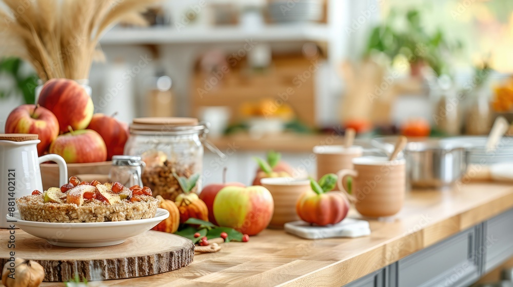 Cozy kitchen decorated with autumn-themed items, apples, and a delicious pie, creating a warm and inviting atmosphere for the fall season. Cozy kitchen decorated with autumn-themed items, apples, and a delicious pie, creating a warm and inviting atmosphere for the fall season.